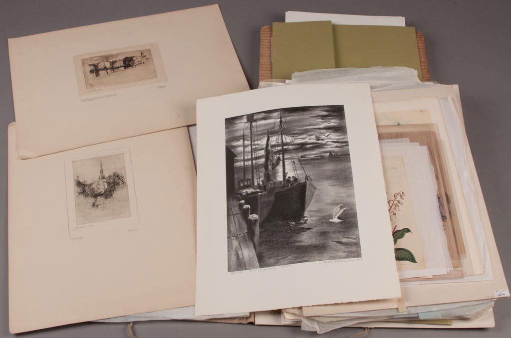 ASSORTED LOOSE ARTWORK: ASSORTED LOOSE ARTWORK, uncounted lot, primarily prints, including two signed etchings by Eugene Paul Metour (American, d. 1929), signed engraving by John W. Gregory, many steel engravings, various wa