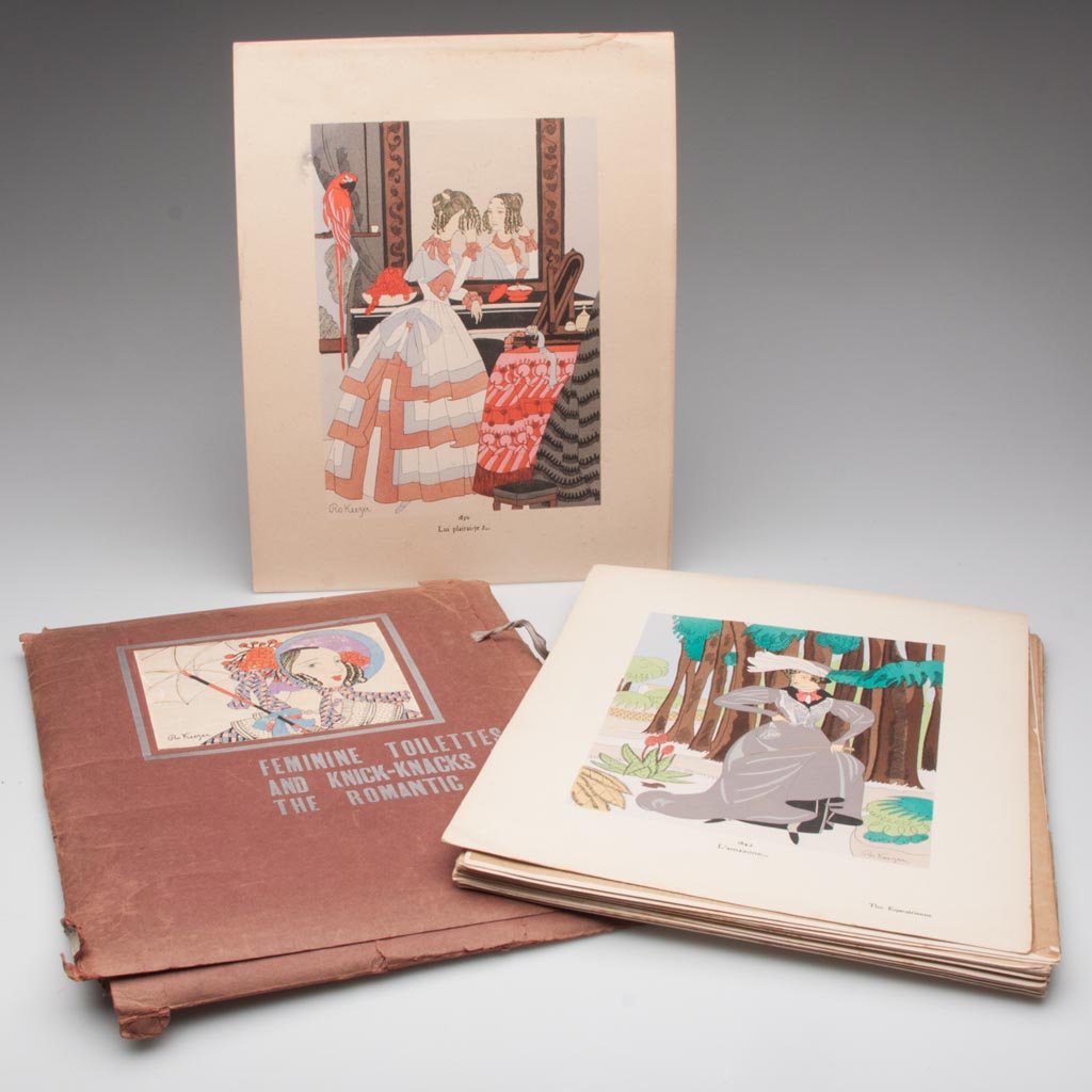 FRENCH FASHION PRINTS, FOLIO OF 20: FRENCH FASHION PRINTS, FOLIO OF 20, color on card stock, "Feminine Toilettes and Knick-Knacks of the Romantic Age", Ro Keezer, all but one with glassine cover. First half 20th century. 14" x 11" sheet
