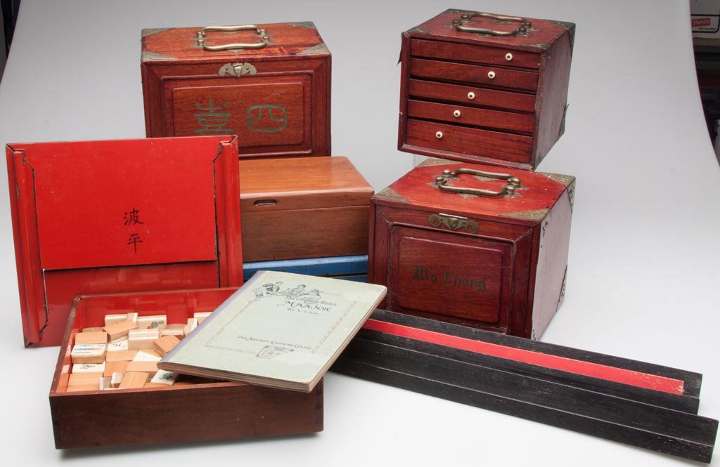 COLLECTION OF CHINESE GAMES, SIX BOXES: COLLECTION OF CHINESE GAMES, SIX BOXES, Mah Jong and others, three in original box with drawers. Plus four stands and an instruction book. 20th century. Various sizes. Provenance: Collection of Alliso