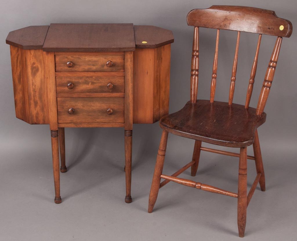 COLONIAL REVIVAL MARTHA WASHINGTON SEWING STAND: COLONIAL REVIVAL MARTHA WASHINGTON SEWING STAND, lift-top ends and three drawers. Along with a country plank-bottom side chair. Two pieces total. First half 20th century. 28" H. Provenance: Property o