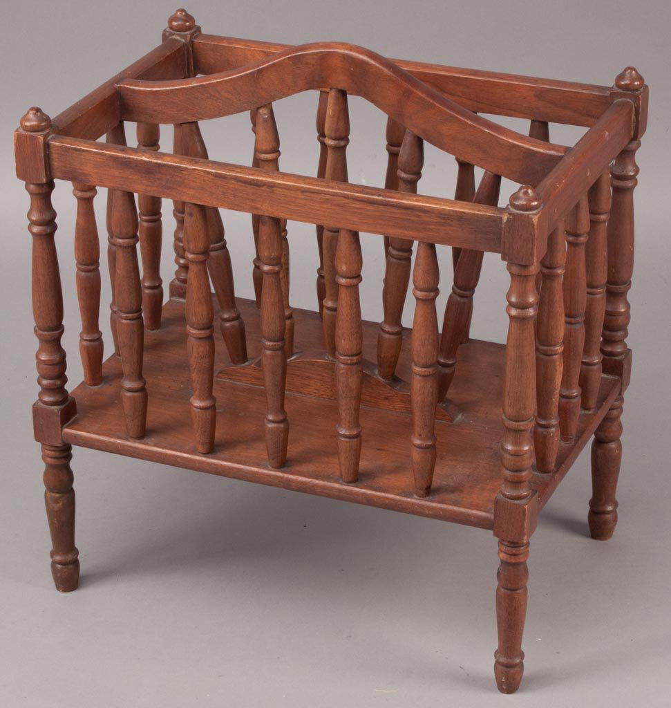 COLONIAL REVIVAL WALNUT CANTERBURY: COLONIAL REVIVAL WALNUT CANTERBURY, two compartment raised on turned legs. 20th century. 19" H, 11 1/2" x 18". Provenance: Property of an Augusta Co., Virginia family.