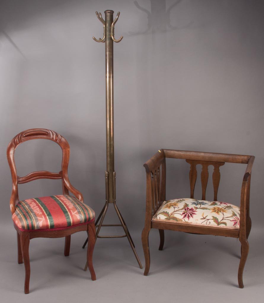 ASSORTED FURNITURE ARTICLES, LOT OF THREE: ASSORTED FURNITURE ARTICLES, LOT OF THREE, comprising two chairs and a brass coat rack. 19th and 20th century. Coat rack 64" H. Provenance: Property of an Augusta Co., Virginia family.