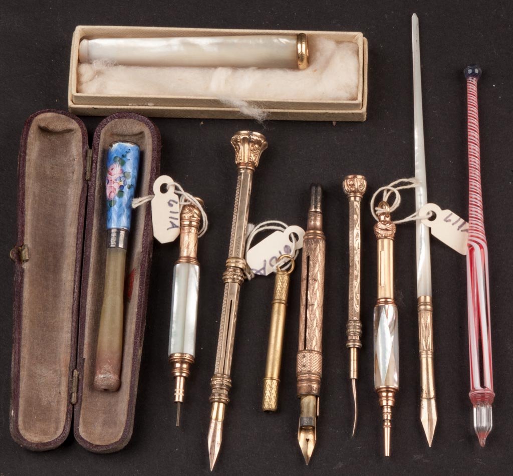 ASSORTED WRITING AND SMOKING ACCOUTREMENTS, LOT OF TEN: ASSORTED WRITING AND SMOKING ACCOUTREMENTS, LOT OF TEN, including cigarette holders, mechanical pencils/pens, etc. Late 19th/first quarter 20th century. 3" to 6" L. Provenance: From the collection of 