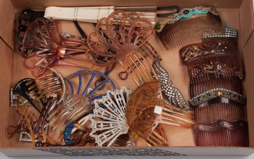 ASSORTED HAIR COMBS: ASSORTED HAIR COMBS, uncounted lot, rhinestone and other examples. First half 20th century. Various sizes. Provenance: The collection of the late Richard "Dick" and Mary Ann Krauss of Clyde, OH.