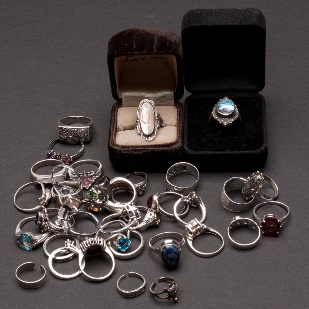 ASSORTED STERLING SILVER RINGS AND BANDS, LOT OF 35: ASSORTED STERLING SILVER RINGS AND BANDS, LOT OF 35, all hallmarked, many set with stones. 20th century. Provenance: Property of a Page Co., VA lady.