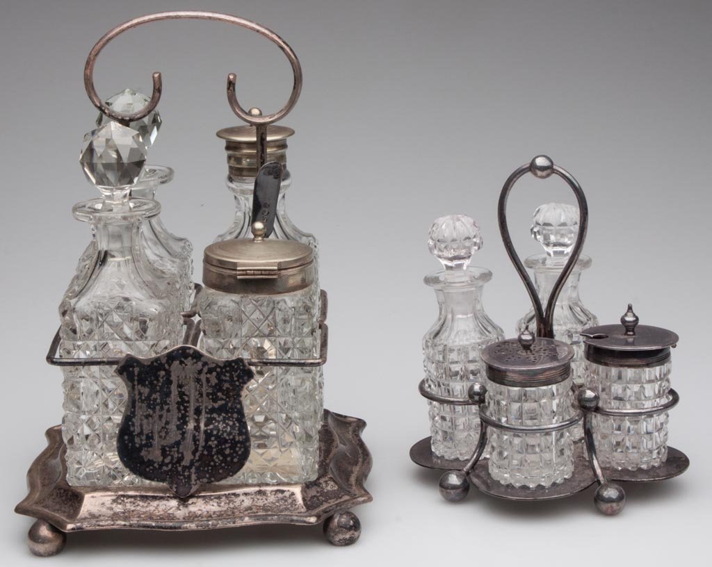 ENGLISH CUT GLASS CASTER SETS, LOT OF TWO: ENGLISH CUT GLASS CASTER SETS, LOT OF TWO, each with four bottles fitted in a silver-plate stand, original stoppers and covers. Fourth quarter 19th/first quarter 20th century. 5 1/2" and 8" HOA. Prove