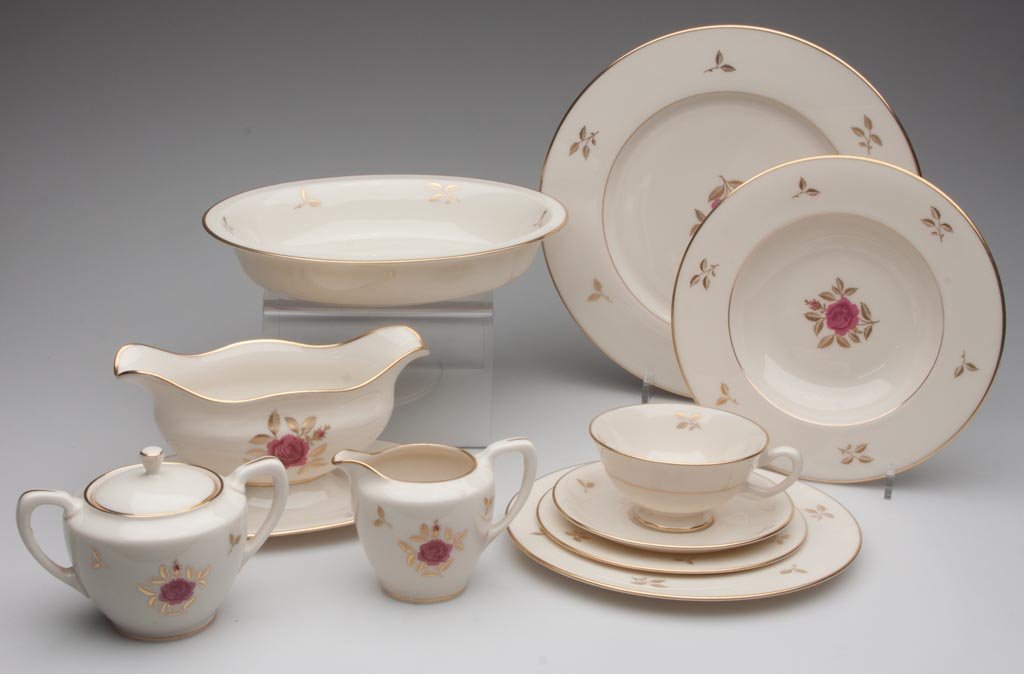 LENOX "RHODORA" PARTIAL DINNER SERVICE: LENOX "RHODORA" PARTIAL DINNER SERVICE, white ground with pink roses and gilt decoration, 39 pieces comprising six 10 5/8" dinner plates, six 8 3/8" salad/dessert plates, five 6 3/8" bread & butter pl
