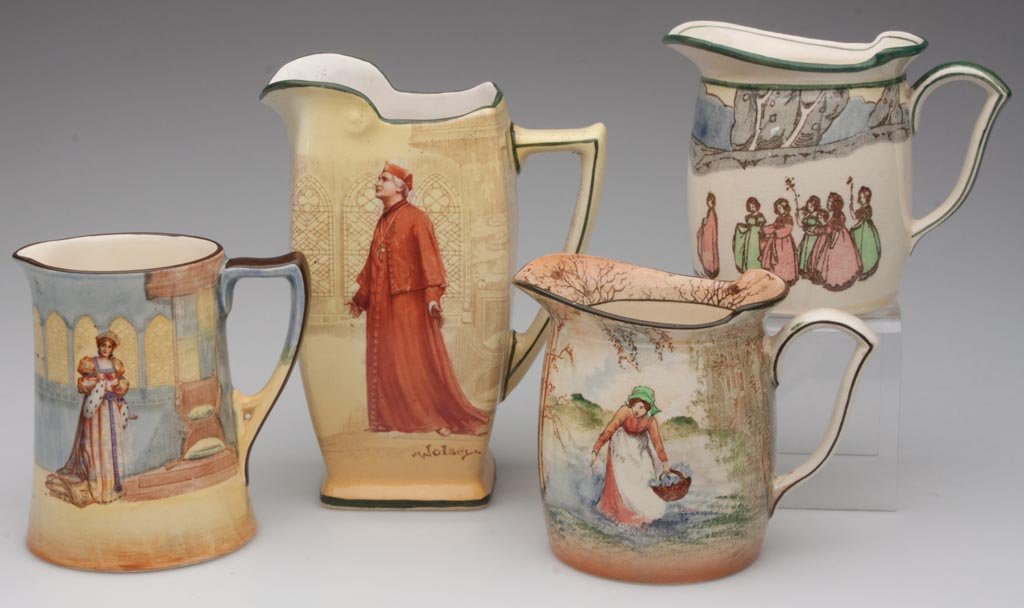 ROYAL DOULTON SERIES WARE PITCHERS, LOT OF FOUR: ROYAL DOULTON SERIES WARE PITCHERS, LOT OF FOUR, comprising "Woolsey" mid-sized jug; "Katherine" small-sized jug; small "Queens and Ladies" creamer, No. D3159; and a small "Bluebell Gatherers" jug. Th