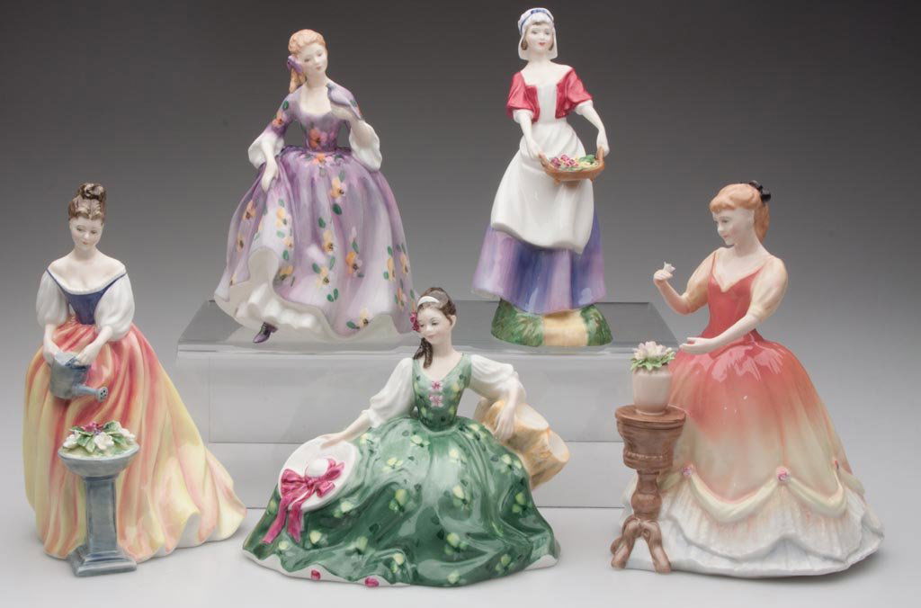 ROYAL DOULTON YOUNG WOMEN FIGURINES, LOT OF FIVE: ROYAL DOULTON YOUNG WOMEN FIGURINES, LOT OF FIVE, comprising "Nicola" HN 2839; "Dawn" HN 3258; "Alexandra" HN 3286; "Elyse" HN 2474; and "Sarah" HN 3380, underside signed in gold "Michael Doulton / 11