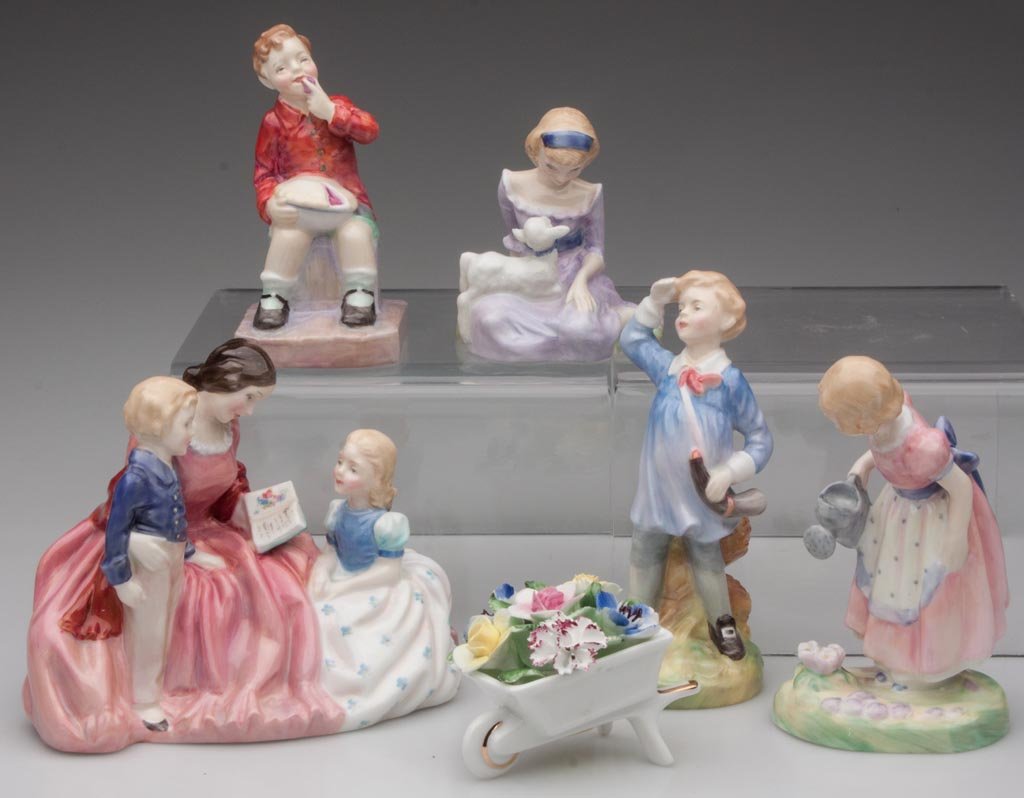 ROYAL DOULTON FIGURINES, LOT OF SIX: ROYAL DOULTON FIGURINES, LOT OF SIX, comprising "Bedtime Story" HN 2059; "Mary Had a Little Lamb" HN 2048, underside signed by Michael Doulton; "Little Boy Blue" HN 2062; "Little Jack Horner" HN 2063;