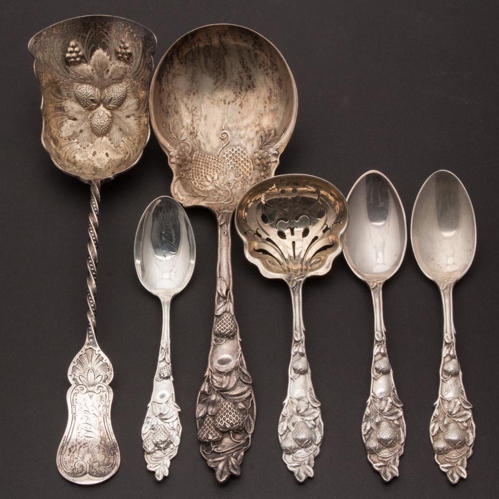 AMERICAN STERLING SILVER STRAWBERRY PATTERN SPOONS, LOT: AMERICAN STERLING SILVER STRAWBERRY PATTERN SPOONS, LOT OF SIX, marks include Watson, Mechanics Sterling Co. and John Cox & Co. Weight: 9.90 ozt. Fourth quarter 19th/early 20th century. 5 1/2" to 9 1/