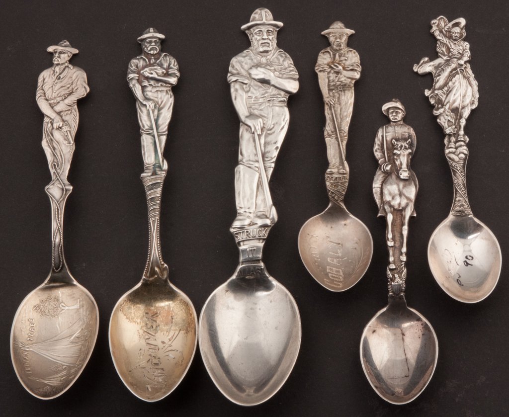 AMERICAN STERLING SILVER GOLD MINER THEME SOUVENIR SPOO: AMERICAN STERLING SILVER GOLD MINER THEME SOUVENIR SPOONS, LOT OF SIX, each with full-figure handle. Weight: 4.13 ozt. Late 19th/early 20th century. 4 1/4" to 6" L. Provenance: From the estate of Lill