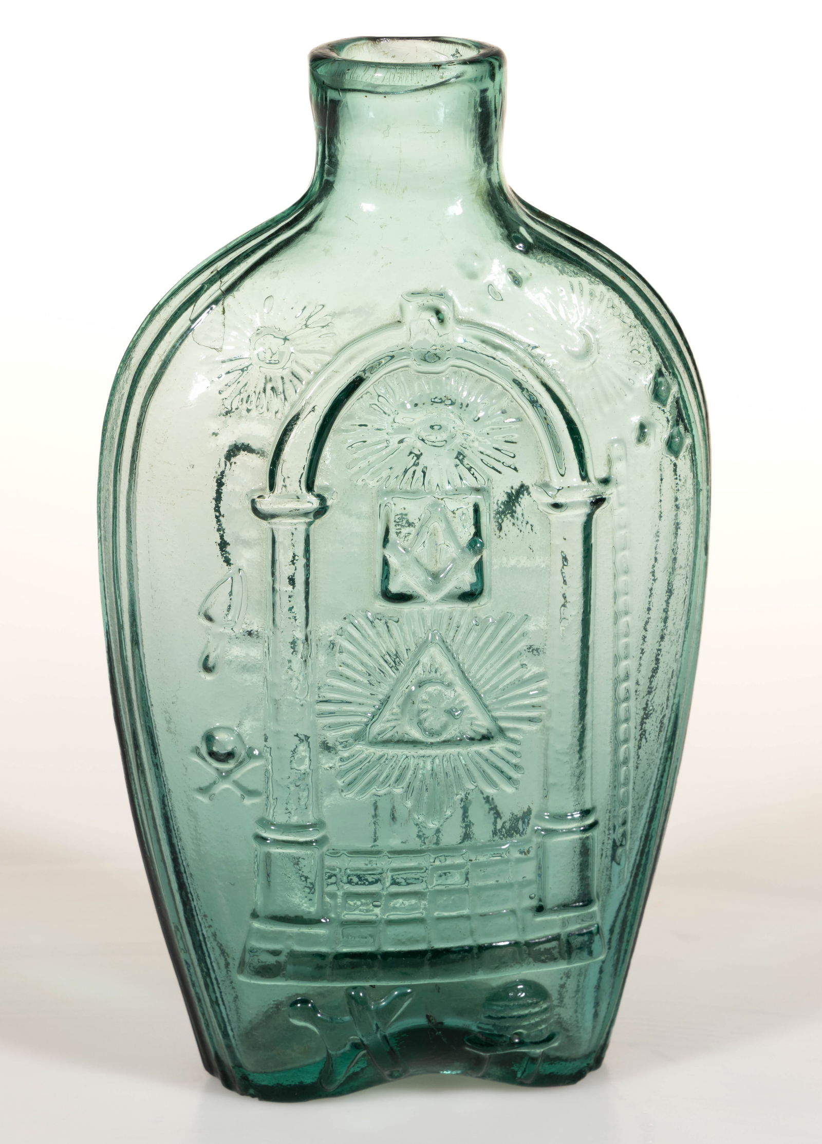 GIV-1 MASONIC - EAGLE PICTORIAL / HISTORICAL FLASK: GIV-1 MASONIC - EAGLE PICTORIAL / HISTORICAL FLASK, teal bluish-green, pint, obverse boldly embossed with Masonic arch surrounded by imagery including the all-seeing eye, "G" in a triangle,