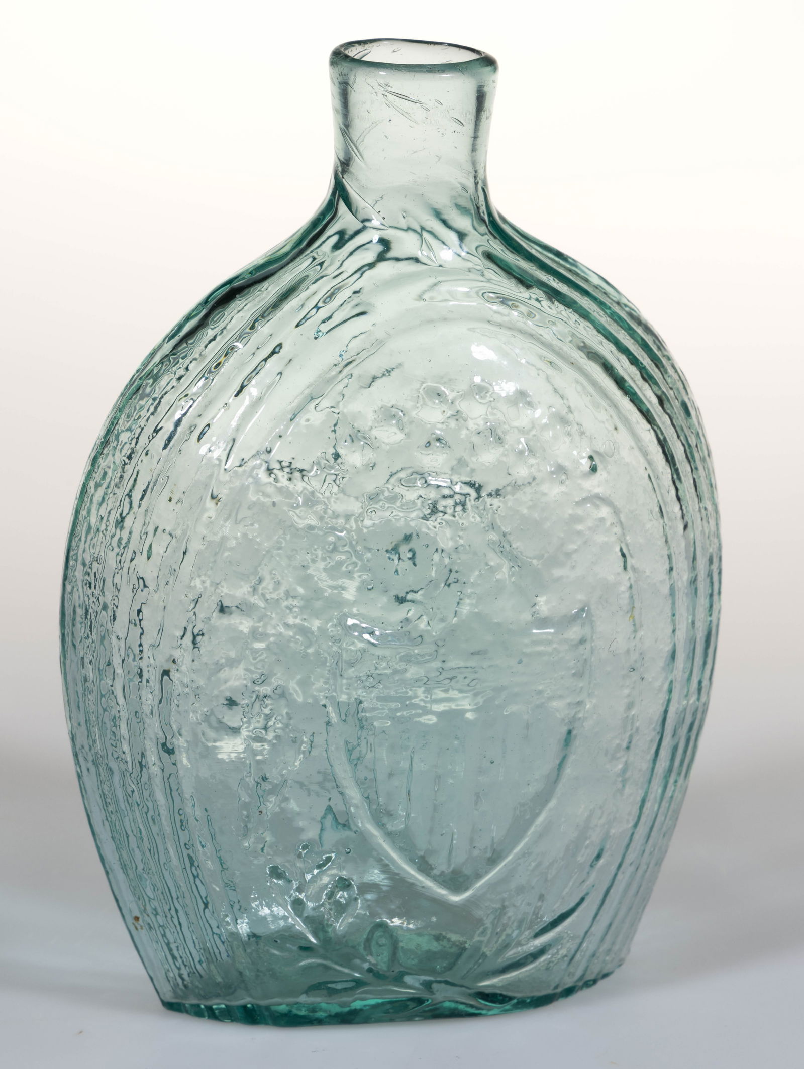 GII-52 EAGLE - FURLED FLAG "FOR OUR COUNTRY" PICTORIAL / HISTORICAL FLASK: GII-52 EAGLE - FURLED FLAG "FOR OUR COUNTRY" PICTORIAL / HISTORICAL FLASK, aquamarine, pint, obverse with a left-facing shield-breasted eagle, reverse embossed "FOR OUR COUNTRY.&qu