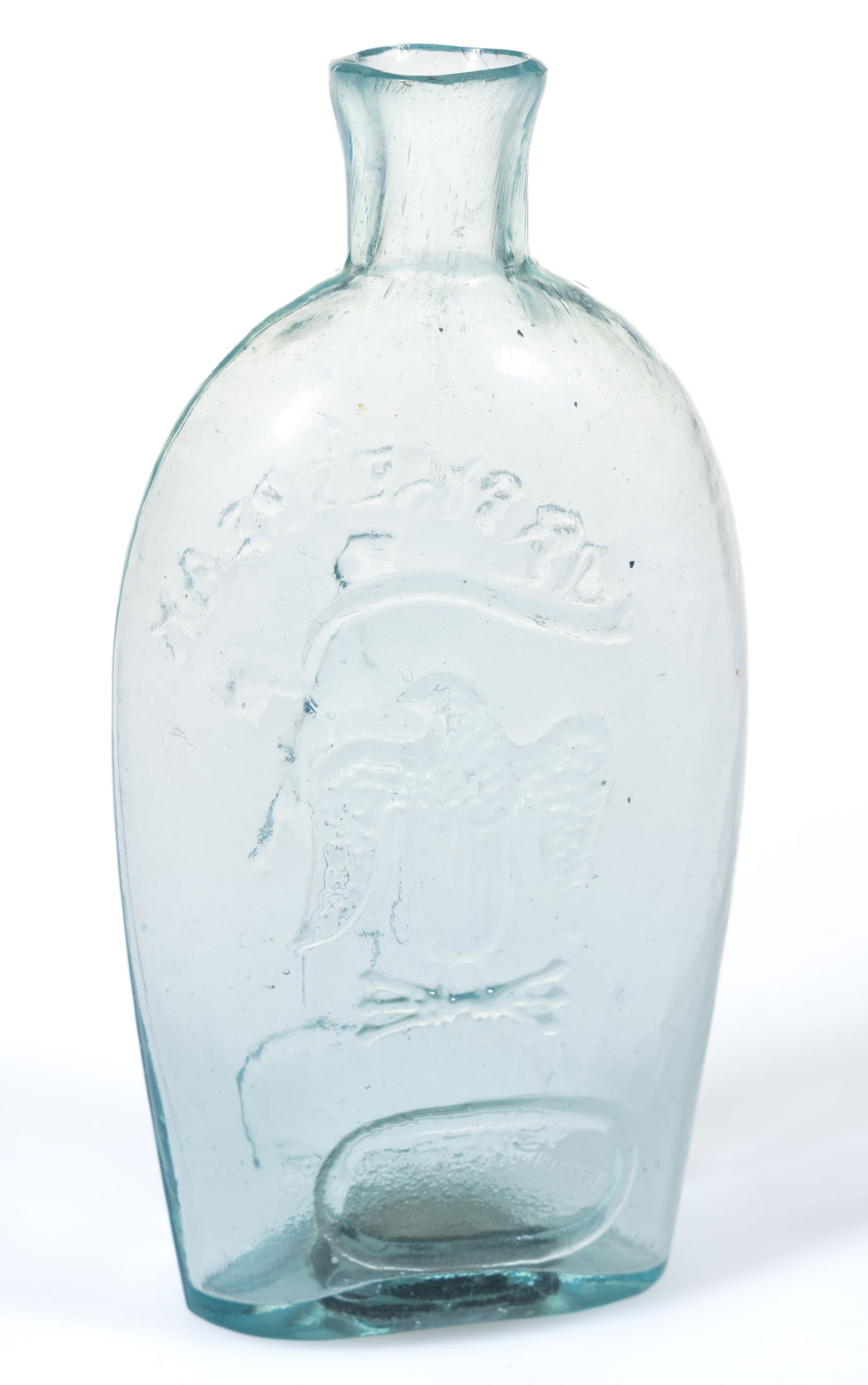 GXI-32 PIKE'S PEAK - EAGLE PICTORIAL / HISTORICAL FLASK: GXI-32 PIKE'S PEAK - EAGLE PICTORIAL / HISTORICAL FLASK, aquamarine, half pint, Prospector side featuring a left-facing gentleman with cane and pack containing tools below the inscription "FO