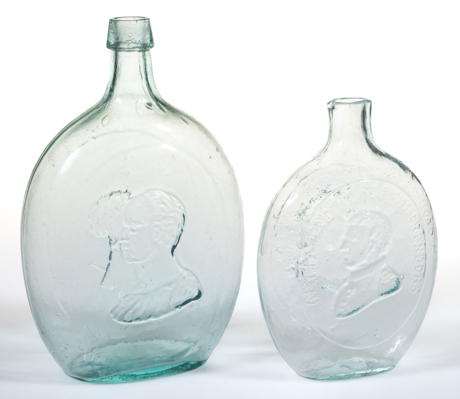 ASSORTED WASHINGTON - TAYLOR PICTORIAL / HISTORICAL FLASKS, LOT OF TWO: ASSORTED WASHINGTON - TAYLOR PICTORIAL / HISTORICAL FLASKS, LOT OF TWO, aquamarine, comprising a quart-sized GI-57 with obverse having a left-facing Classical bust of George Washington with
