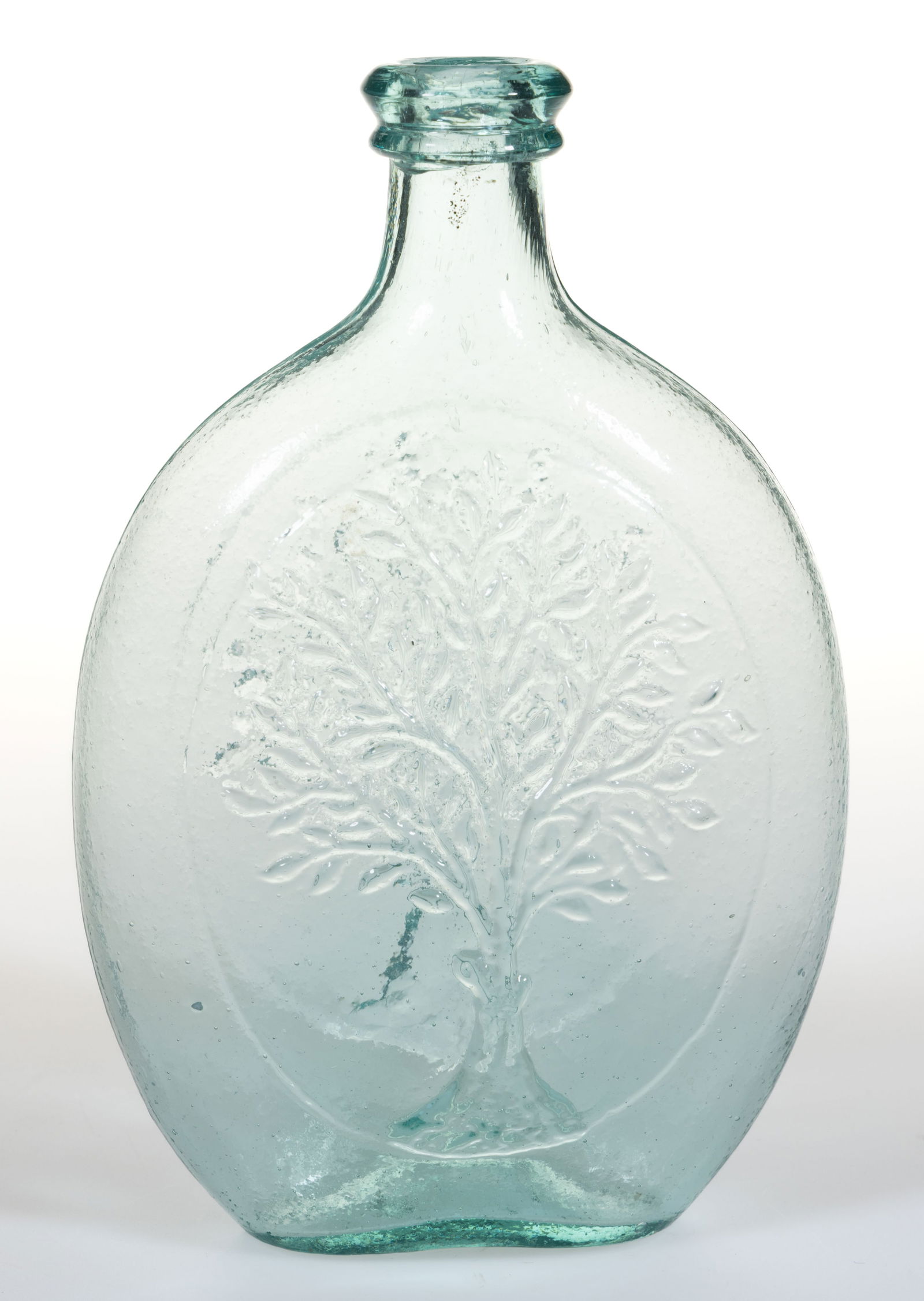 GX-17 SUMMER TREE - SUMMER TREE PICTORIAL / HISTORICAL FLASK: GX-17 SUMMER TREE - SUMMER TREE PICTORIAL / HISTORICAL FLASK, aquamarine, pint, strong embossing on both sides depicting a leafy tree with visible roots contained within an oval fr