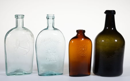 ASSORTED PICTORIAL / HISTORICAL FLASKS AND OTHER BOTTLES, LOT OF FOUR