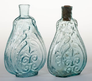 ASSORTED HALF PINT SIZED SCROLL FIGURED HISTORICAL FLASKS, LOT OF TWO