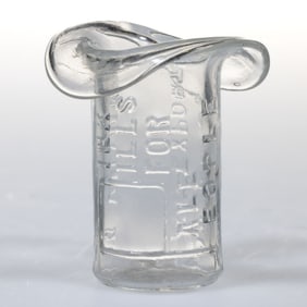 GLASS HAT-FORM WHIMSEY BLOWN FROM EMBOSSED PATENT MEDICINE BOTTLE