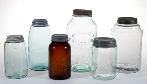 ASSORTED FRUIT JARS AND OTHER GLASS JARS, LOT OF SIX
