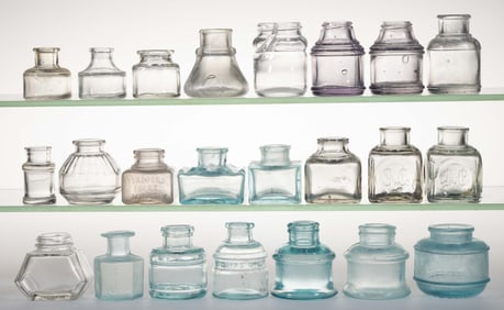 ASSORTED EMBOSSED AMERICAN GLASS INK BOTTLES / INKWELLS, LOT OF 23