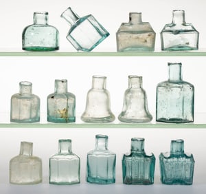 ASSORTED ENGLISH GLASS INK BOTTLES / INKWELLS, LOT OF 14