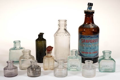 ASSORTED AMERICAN GLASS INK BOTTLES / INKWELLS, LOT OF 12