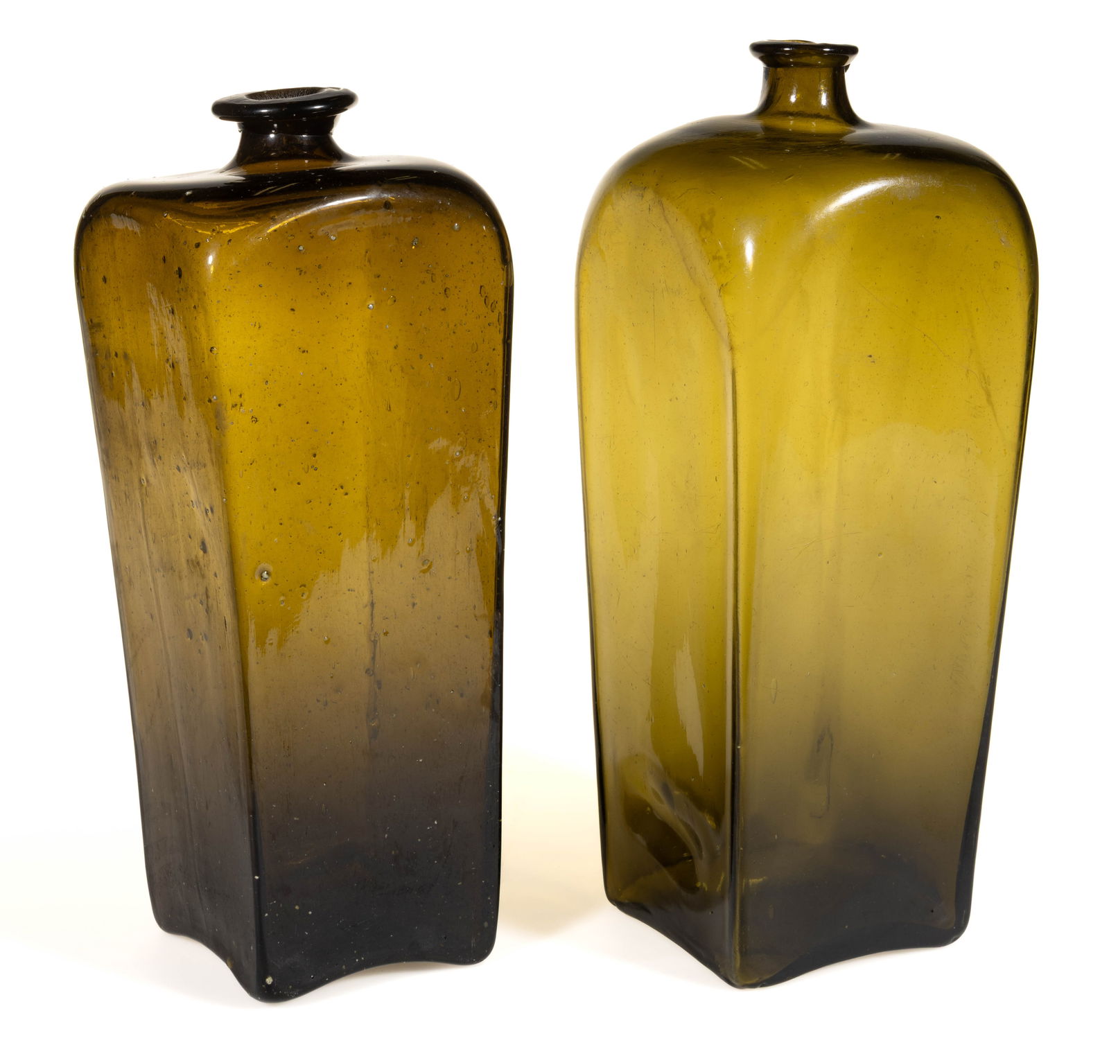 DUTCH FREE-BLOWN BLACK GLASS CASE GIN BOTTLES, LOT OF TWO: DUTCH FREE-BLOWN BLACK GLASS CASE GIN BOTTLES, LOT OF TWO, medium-to-dark olive green/black glass, early square "case bottle" form with slight inward taper, applied outwardly-flaring so-call