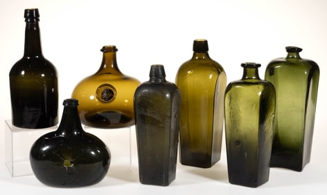 DUTCH BLACK GLASS CASE GINS AND OTHER UTILITY TYPE BOTTLES, LOT OF SEVEN
