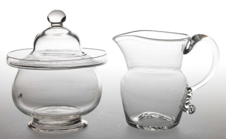 AMERICAN FREE-BLOWN GLASS CREAMER AND COVERED SUGAR BOWL