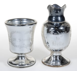 NEW ENGLAND BLOWN, ENGRAVED, AND SILVERED "MERCURY" GLASS TABLE ARTICLES, LOT OF TWO