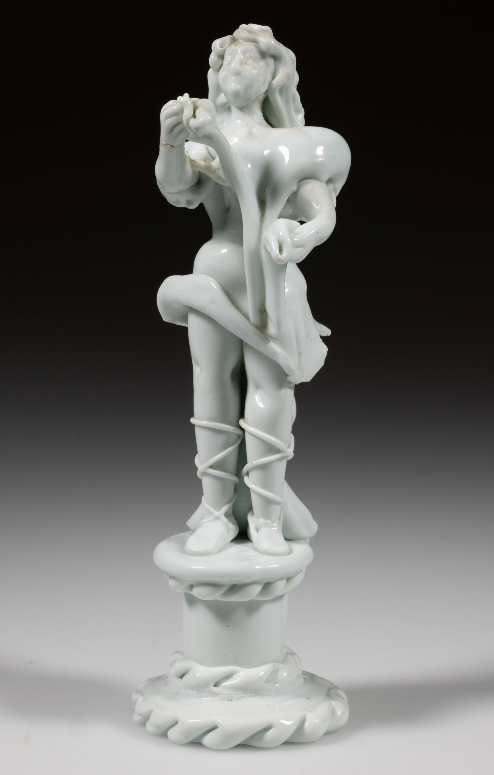 CONTINENTAL FREE-BLOWN GLASS "SHEPHERD" LAMPWORK SCULPTURE / FIGURINE: CONTINENTAL FREE-BLOWN GLASS "SHEPHERD" LAMPWORK SCULPTURE / FIGURINE, opaque white/milk glass, expertly blown/tooled and trailed in the form of a young boy draped in a flowing cloak and per