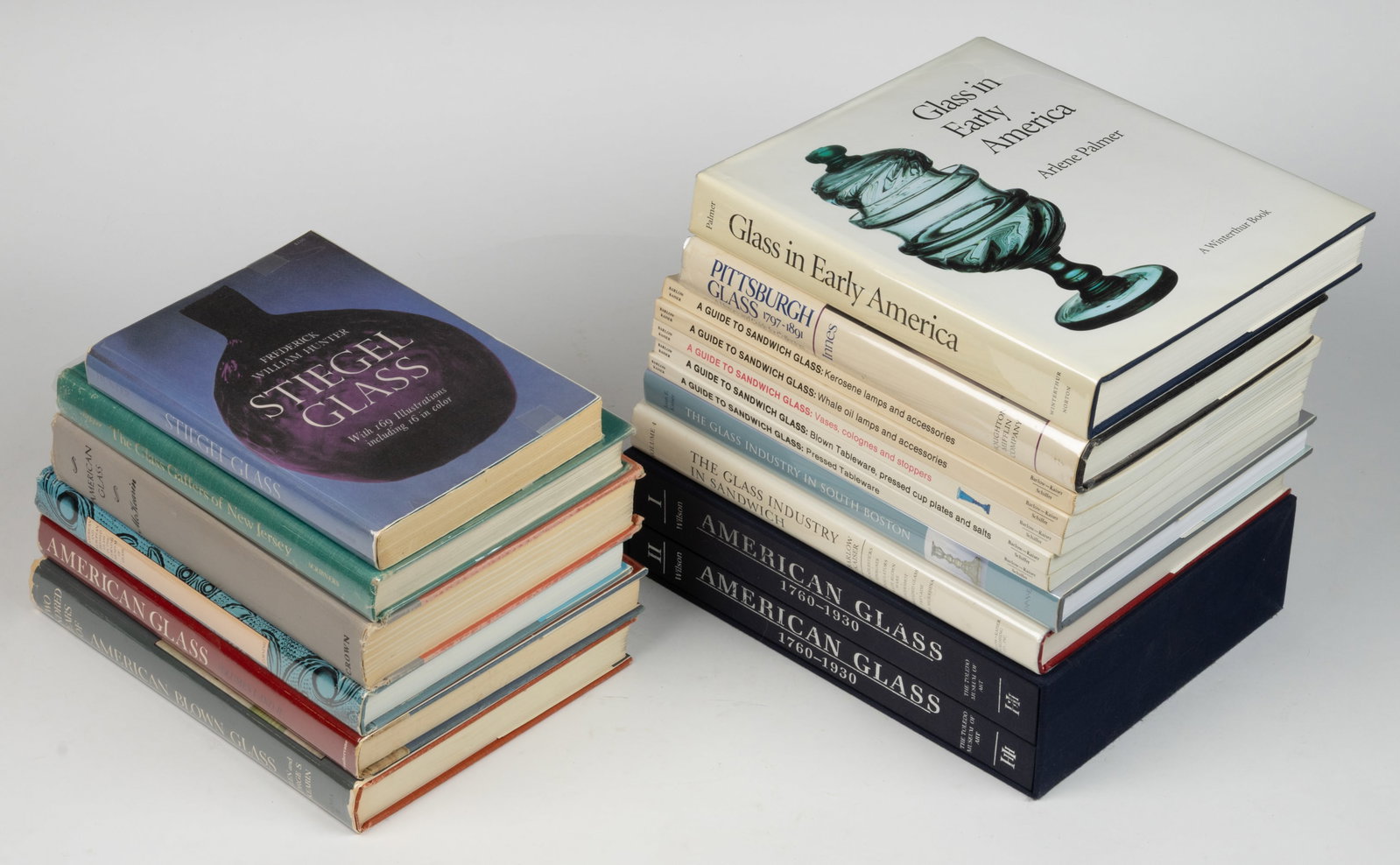 EARLY AMERICAN GLASS REFERENCE VOLUMES, LOT OF 15: EARLY AMERICAN GLASS REFERENCE VOLUMES, LOT OF 15, including Innes, Pittsburgh Glass; Wilson, American Glass, Vols. 1 and 2 in slip cover; Palmer, Early Glass in America; and Spillman, American a