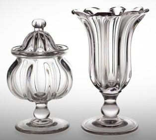 PILLAR-MOLDED GLASS CELERY VASE AND COVERED SUGAR BOWL, LOT OF TWO
