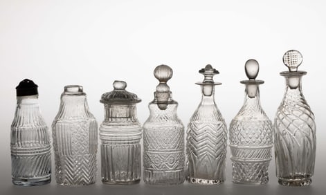ASSORTED BLOWN-MOLDED THREE-MOLD GLASS CASTER BOTTLES / CONDIMENT ARTICLES, LOT OF SEVEN