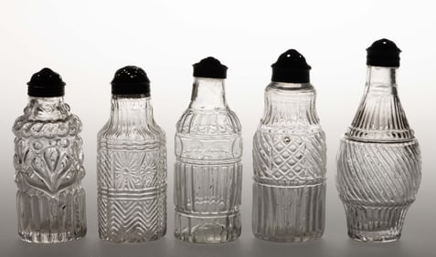 ASSORTED BLOWN-MOLDED THREE-MOLD GLASS SALT SHAKER BOTTLES / CONDIMENT ARTICLES, LOT OF FIVE