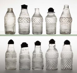 ASSORTED BLOWN-MOLDED THREE-MOLD GLASS SALT SHAKER BOTTLES / CONDIMENT ARTICLES, LOT OF TEN