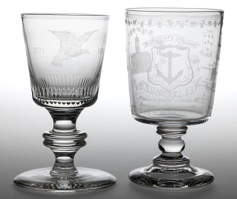 COMMEMORATIVE ENGRAVED GLASS CHALICES / GOBLETS, LOT OF TWO