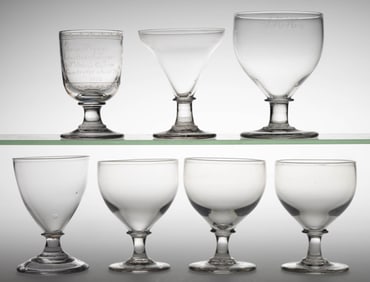 ENGLISH FREE-BLOWN GLASS RUMMERS / GOBLETS, LOT OF SEVEN
