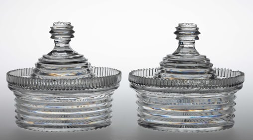 ANGLO-IRISH CUT GLASS PAIR OF BUTTER COOLERS / OVAL COVERED DISHES