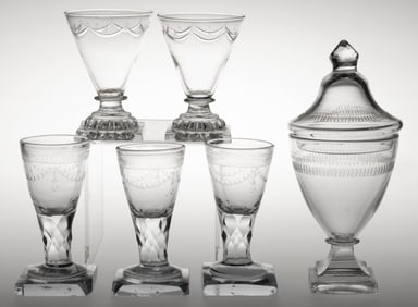 ENGLISH / CONTINENTAL BLOWN AND ENGRAVED GLASS DRINKING VESSELS, LOT OF SIX