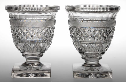 ANGLO-IRISH BLOWN AND CUT GLASS PAIR OF VASES / URNS