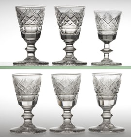 CUT STRAWBERRY DIAMONDS AND FANS WINES / DRINKING GLASSES, LOT OF SIX