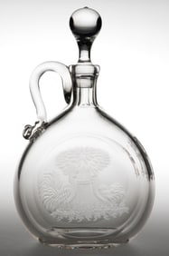 EUROPEAN SHEAF OF WHEAT / ROOSTERS ENGRAVED GLASS FLAGON / RYE DECANTER