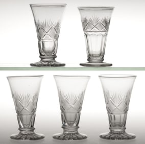 CUT STRAWBERRY DIAMOND AND FANS JELLY GLASSES, LOT OF FIVE