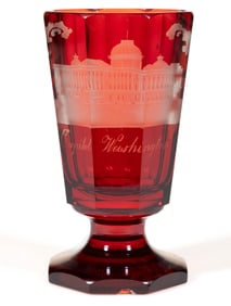 AMERICO-BOHEMIAN RUBY STAINED FOOTED TUMBLER WITH AMERICAN VIEW