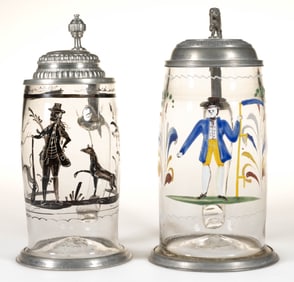 ENAMEL-DECORATED FREE-BLOWN GLASS STEINS, LOT OF TWO