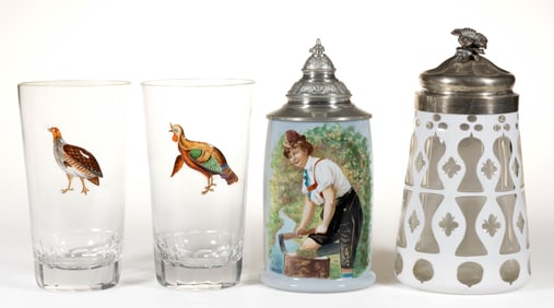 ASSORTED GLASS STEINS AND TUMBLERS, LOT OF FOUR