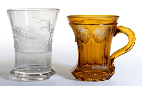 ASSORTED BOHEMIAN CUT AND ENGRAVED DRINKING ARTICLES, LOT OF TWO
